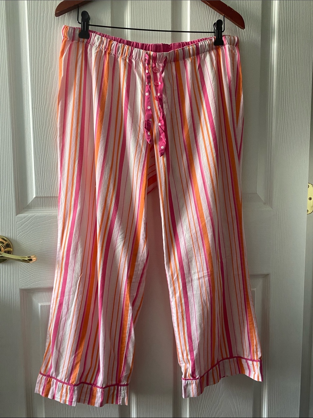 Striped Pink & Orange Women's Pajama Pants with Button Placket 100% Cotton L